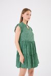 Yeşil Mini Emprime Viskon V Yaka Melek Kol Eteği Volan Detaylı Elbise