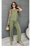 Yeşil Modal Kumaş Premium Sıfır Kol Bluz Ve Pantolon İkili Takım