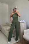 Yeşil Tek Omuz Crop Ve Pantolon Gofre İkili Takım