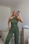 Yeşil Tek Omuz Crop Ve Pantolon Gofre İkili Takım