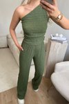 Yeşil Tek Omuz Crop Ve Pantolon Gofre İkili Takım