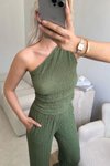 Yeşil Tek Omuz Crop Ve Pantolon Gofre İkili Takım