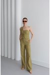 Yeşil Tek Omuz Detaylı Yelek-pantolonlu Premium Keten İkili Takım