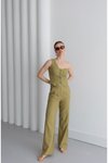 Yeşil Tek Omuz Detaylı Yelek-pantolonlu Premium Keten İkili Takım