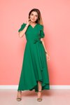 Yeşil Uzun Asimetrik Kesim Çimen İ Önü Kısa Arkası Kruvaze Yaka Elbise