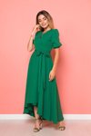 Yeşil Uzun Asimetrik Kesim Çimen İ Önü Kısa Arkası Kruvaze Yaka Elbise