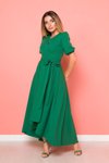 Yeşil Uzun Asimetrik Kesim Çimen İ Önü Kısa Arkası Kruvaze Yaka Elbise