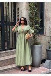 Yeşil Uzun Müslin Keten Dokulu Beli Büzgülü Bağlamalı V Yaka Haki Elbise
