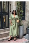 Yeşil Uzun Müslin Keten Dokulu Beli Büzgülü Bağlamalı V Yaka Haki Elbise