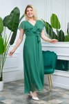 Yeşil Uzun Zümrüt İ Kruvaze Yaka Bağlama Detaylı Astarlı Şifon Elbise