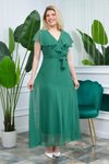 Yeşil Uzun Zümrüt İ Kruvaze Yaka Bağlama Detaylı Astarlı Şifon Elbise