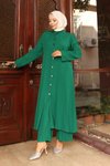 طقم طويل مزدوج محتشم بتفاصيل ياقة خضراء