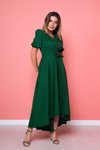 Zümrüt Uzun Asimetrik Kesim Yeşili Önü Kısa Arkası Kruvaze Yaka Elbise