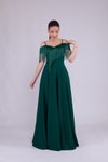 Zümrüt Uzun Askılı Kayık Yaka Püskül Detay Abiye Elbise