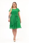 Zümrüt Yeşili Midi Bisiklet Yaka Volan Detaylı Büyük Beden Şifon Elbise