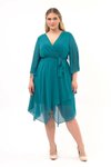 Emerald Green Midi Double-Breasted Neck Long Sleeve Detailed Chiffon Dress