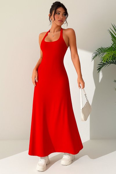 Light Red Long Halter Neck Scuba Crepe Fabric Dress