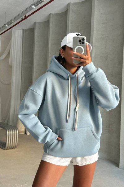 Light Blue Lace-Up Detail Oversize Sweatshirt