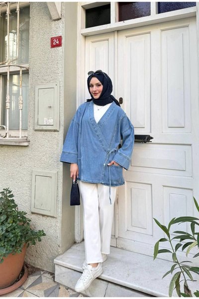 Açık Mavi Yan Bağlama Oversize Kot Ceket