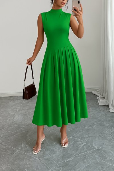 Light Green Long Turtleneck Pleated Crepe Fabric Dress