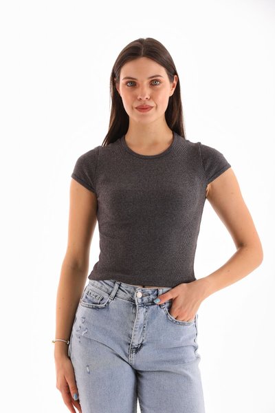 Antrasit Likralı Kısa Kol Crop Bluz
