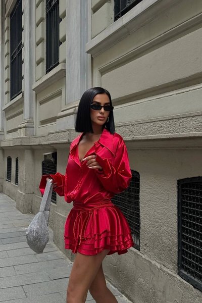 Ateş Kırmızı Mini Meron Saten Gömlek Elbise