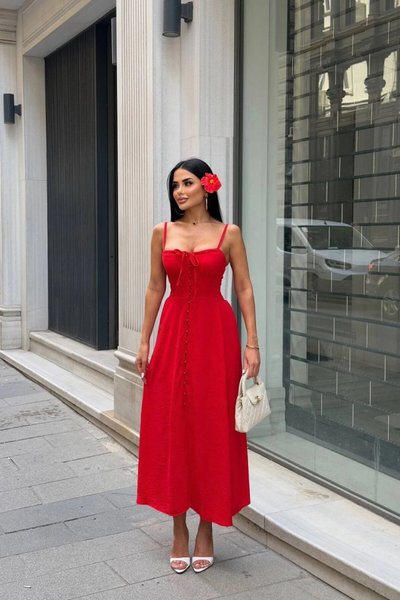 Fiery Red Long Gwen Strap Dress