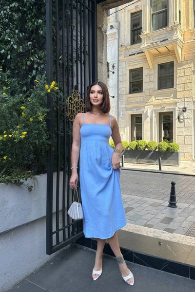 Bebe Mavi Midi Dina Askılı Keten Elbise