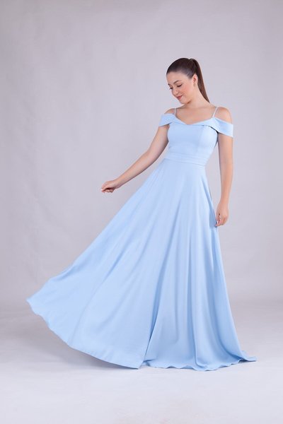 Light Blue Long Shoulder Detail Strappy Evening Dress