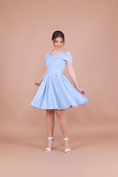 Bebe Mavisi Midi Askılı Düşük Omuz Detay Pileli Abiye Elbise