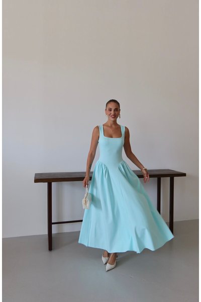 Baby Blue Long Square Neck Thick Strapped Designer Dress