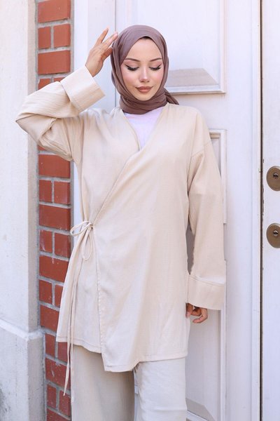 Bej Bağlama Detaylı Kimono İkili Tesettür Takım