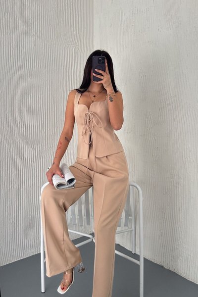 Beige Tie Detail Vest and Pants Two-Piece Set