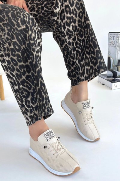 Beige Boiled Leather Lace-Up Sport Shoes