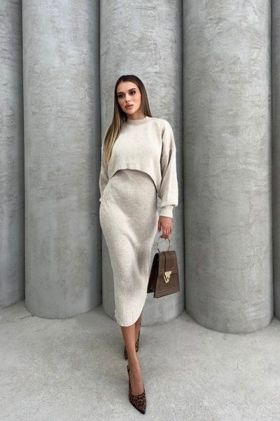Beige Sweater Top and Bottom Knit Dress Set