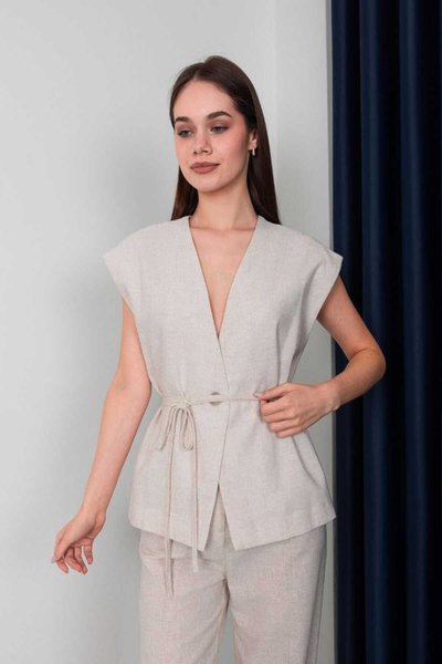 Bej Keten Bağlamalı Yelek