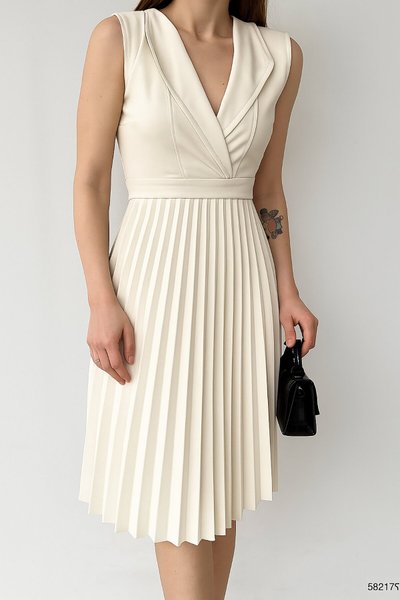 Beige Midi Pleated and Belted Sleeveless Collared Dress