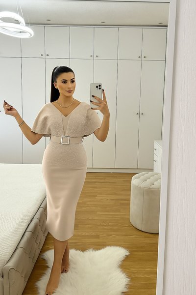 Beige Midi Scuba Fabric Belted Dress with Stone Detail