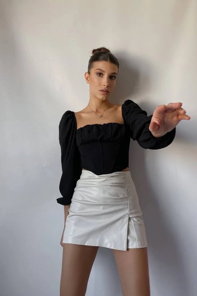 Bej Mini Pile Detay Şortlu Deri Etek