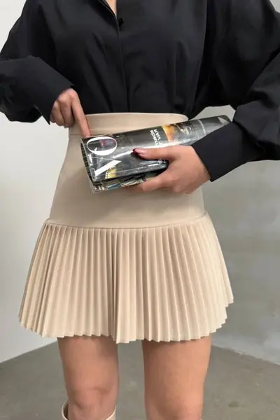 Bej Mini Yarım Pileli Etek