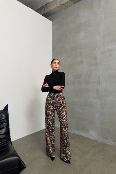Bej Premium Leopar Palazzo Pantolon