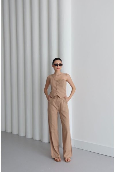 Beige One Shoulder Detailed Vest and Pants Premium Linen Two-Piece Set