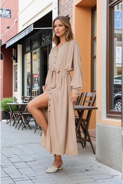 Bej Uzun Viskon Belmando Kollu E Uygun Kemerli Giyçık Elbise
