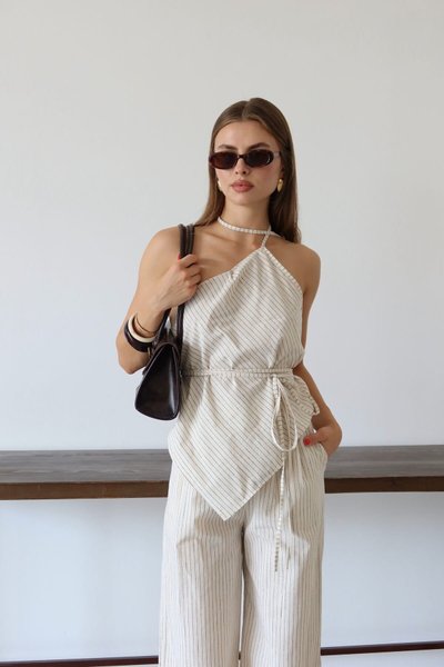 White Asymmetric Cut Linen Two-Piece Set with Tie Detail