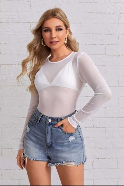 Beyaz Bisiklet Yaka Bodycon Likralı Tül Bluz