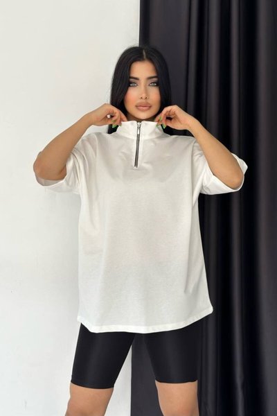 Beyaz Fermuarlı Unisex Oversize Tshirt