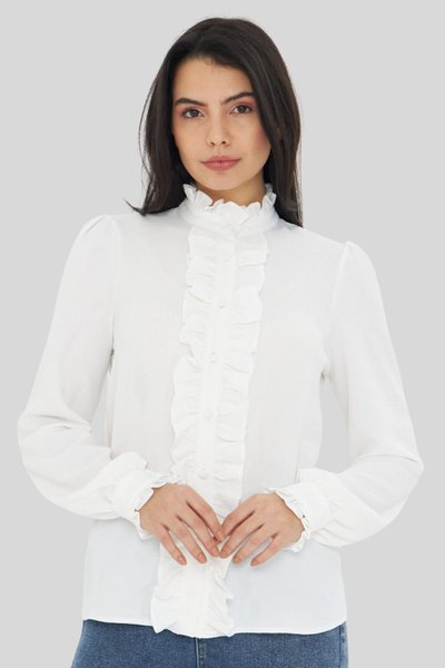 White Mandarin Collar Ruffle Detail Long Sleeve Shirt