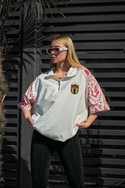 Beyaz İtalya Nakışlı Unisex Oversize Tshirt