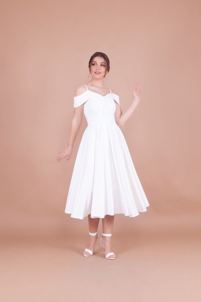 White Midi Strappy Pleated Evening Dress with Off-Shoulder Detail