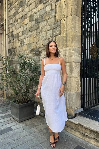 Beyaz Midi Dina Askılı Keten Elbise